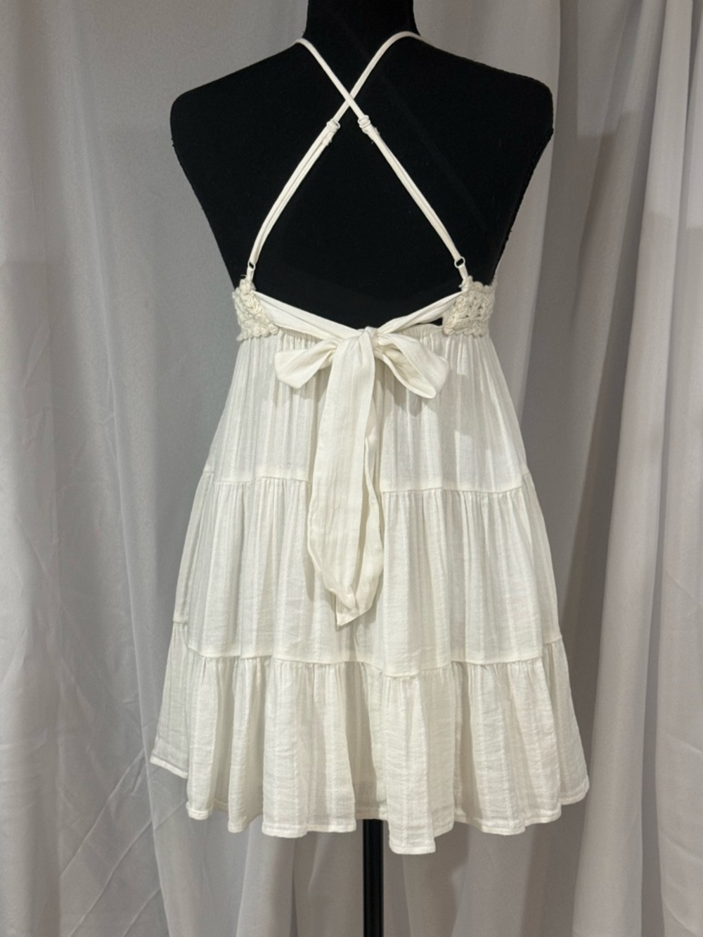 aerie Cream Crochet Halter Tiered Mini Dress - Picture 2 of 8
